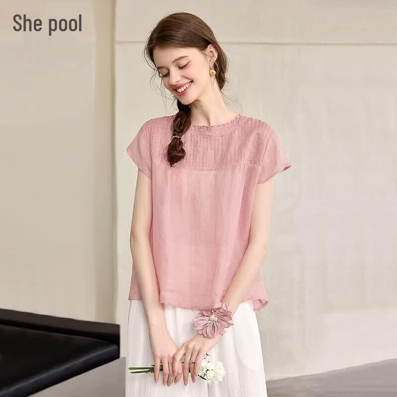 Women s Sweet Lace Round Neck Ramie Blouse XXL