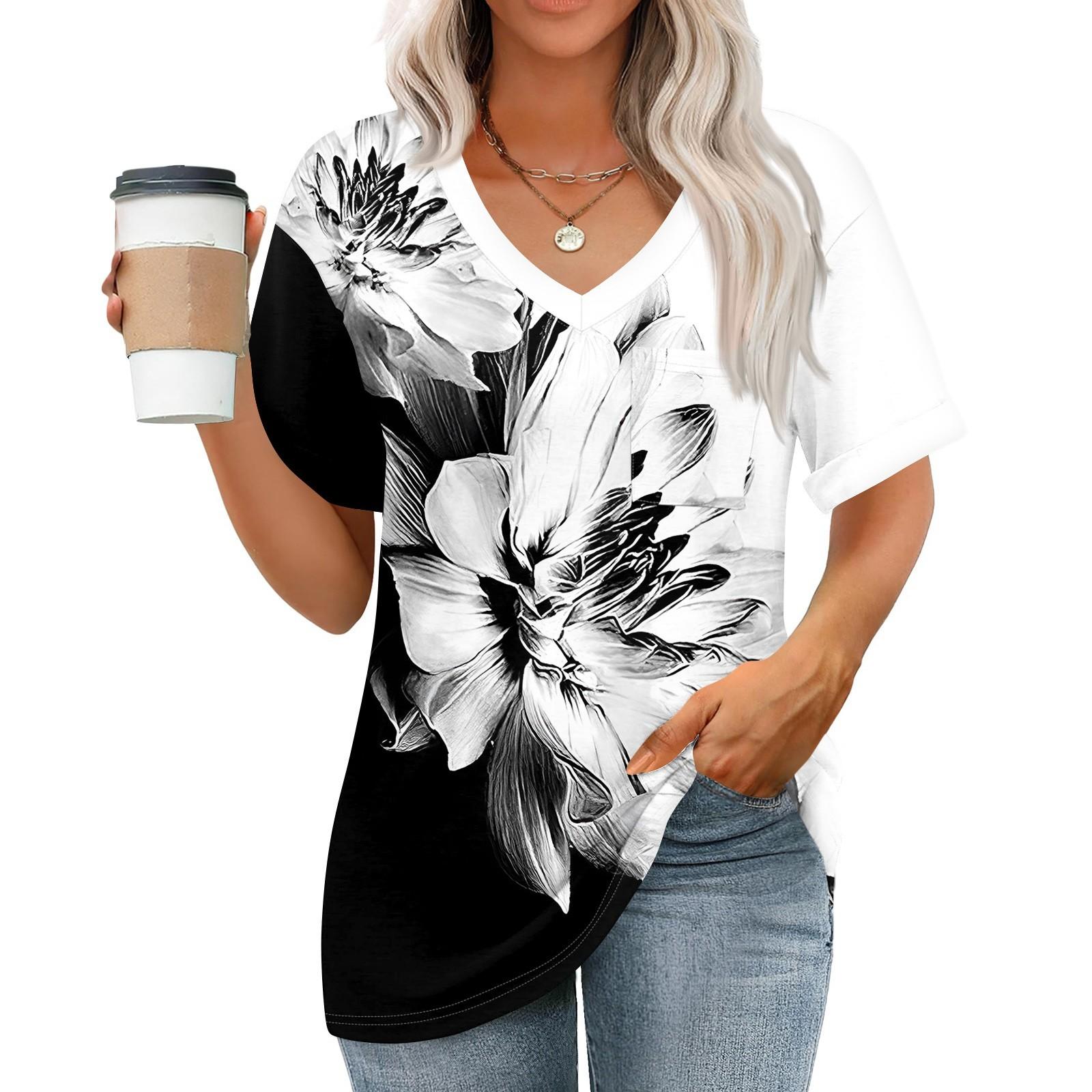 

Женские топы с V-образным вырезом и коротким рукавом Блузки Повседневные модные принты Туники Топы с карманами M