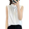 Summer Women's Silk Shirt Satin Round Neck Concealed Button Sleeveless Blouse Solid Colour Tops