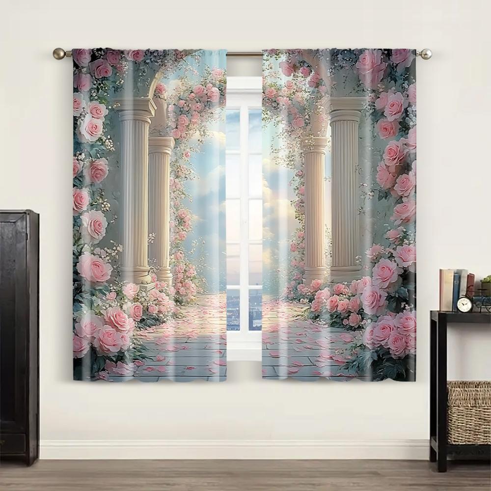 2pc,  Romantic Valentine's Day Party Window Curtains Fresh and colorful rose Versatile Fabric,Without Electricity Spring Party &