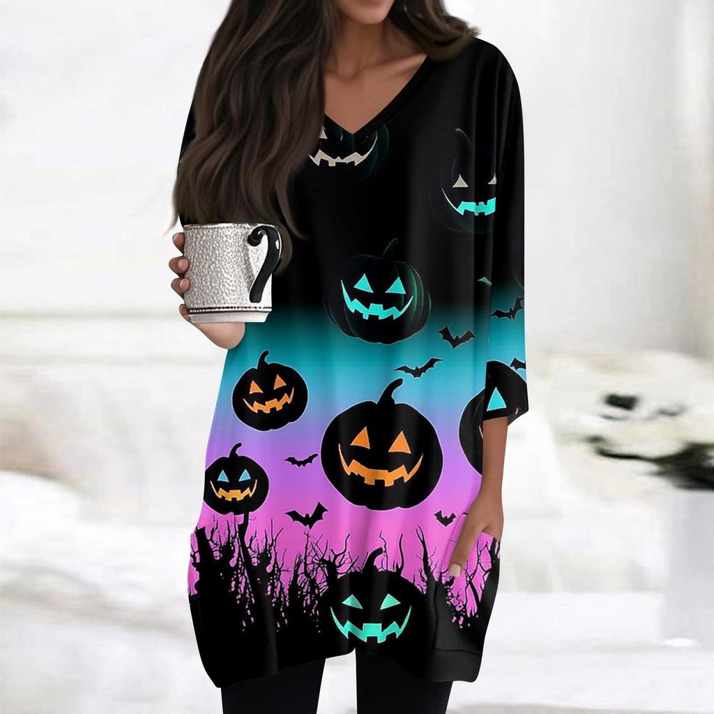 Damen Oberteile V-Ausschnitt 3/4 Ärmel Blusen Lässige Mittellange Hemden Mode Halloween Print Tunika Oberteile Mit Taschen
