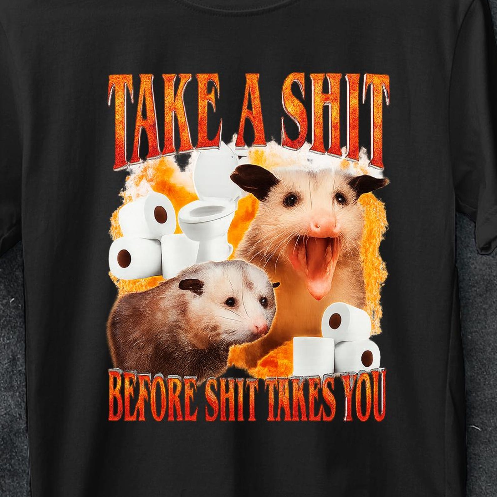 Cursed Opossum T-shirt, Funny Meme Shirt for Men Women, Take A Sh*t Before Sh*t Takes You, Sarcastic Graphic Tee, Gen Z Weirdcore Top, 2XL