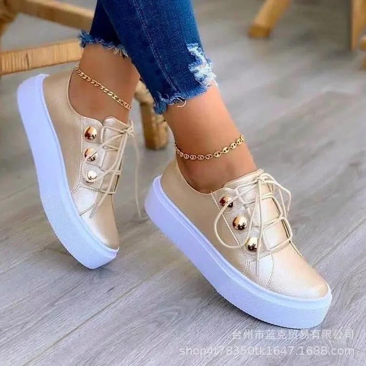 Fashion Women's Sports Shoes Fashion Lace Up 2024 Spring and Autumn Vulcanized Shoes Casual Round Toe Flat Shoes