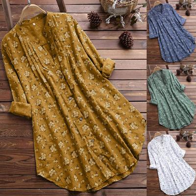Womens V-Neck Pleated Floral Print Long Sleeve Casual Tops T-Shirt Blouse