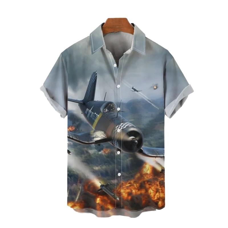 Hawaiian Shirt: Airplane Print Short Sleeved Quick Drying Beach Casual Party Holiday Shirt