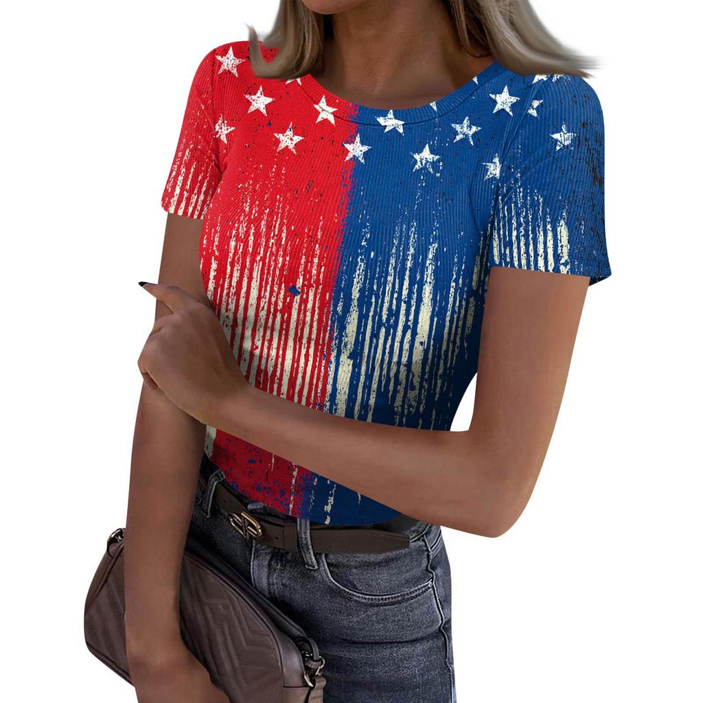 Women's Casual Fashion Round Neck Independence Day Print Short-Sleeve Ribbed Top