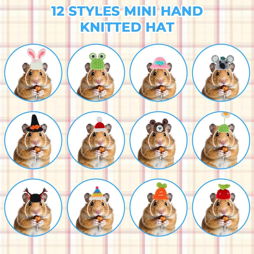 12 Pcs Hamster Hats, Cute Mini Hat Small Animals Hat with Adjustable Rope, Tiny Hats for Snakes Lizard Guinea Pig Bearded Dragons Holiday Party