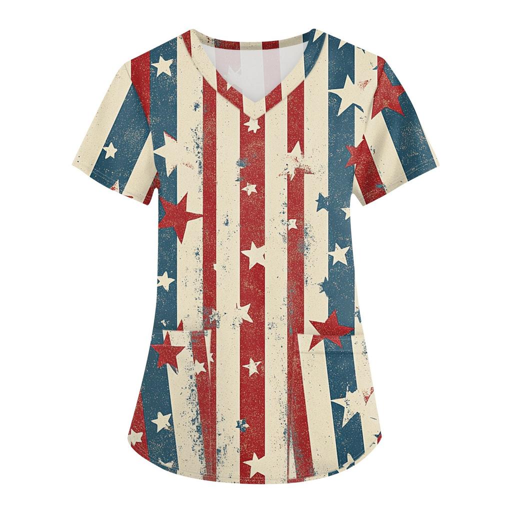 Topuri Uniformă de Lucru Scrub Imprimate Mărimi Mari Pentru Femei Gât în V Încrucișat Imprimeu Ziua Independenței Mânecă Scurtă Tricouri Amuzante Tricou de Lucru cu Buzunare