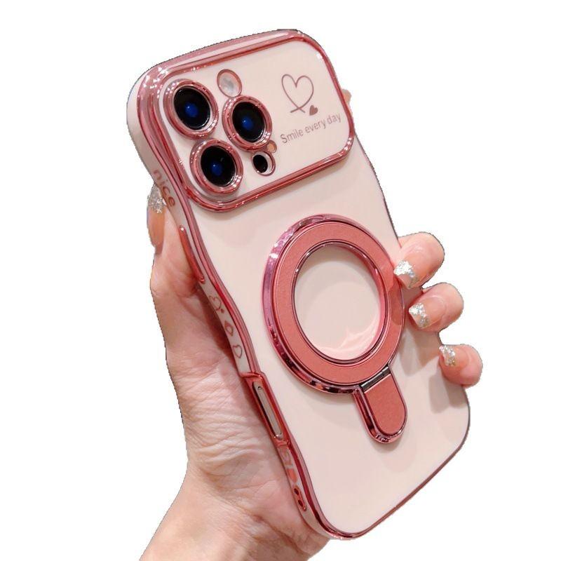 Applicable to iPhone17Promax wave love mobile phone case Apple 16 electroplated magnetic suction bracket anti-drop protective case