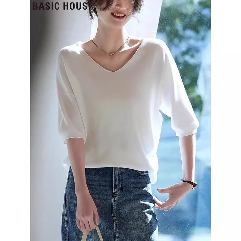 

Basic House Women s Loose Fit Knitted Mid-Sleeve T-Shirt S