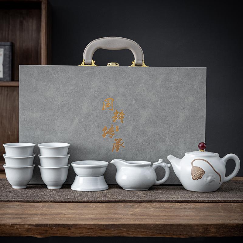 High-grade ceramic Kung Fu tea set, creative ice crack glaze, Ge kiln opening, household teapot, tea set, business gift