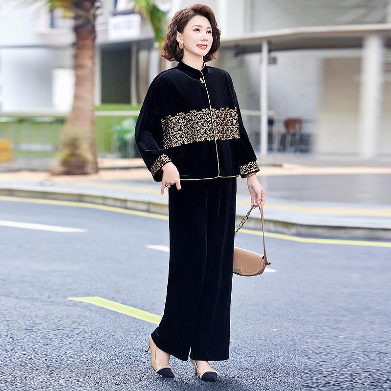 Spring Collection: Embroidered Velvet Two-Piece Suit for Mothers - Jacket & Elastic Waist Pants