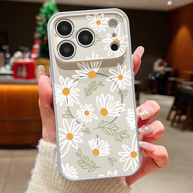Cartoon Floral Pattern Case For iPhone 17 Pro Max Magnetic For Magsafe Hybrid Slim Matte Cover For iPhone 16 15 14 13 Pro Max Daisies Peach Blossom