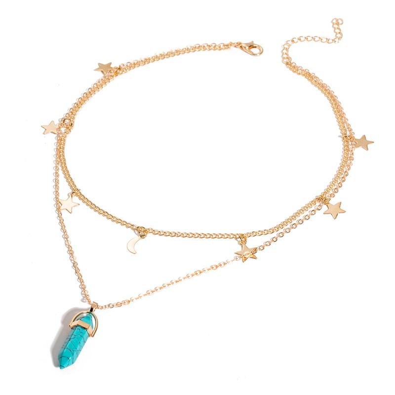 Boho-Schmuck, geometrischer Stein, Mond und Stern, mehrschichtige Anhänger-Halsketten, Halsbandkette für Frauen
