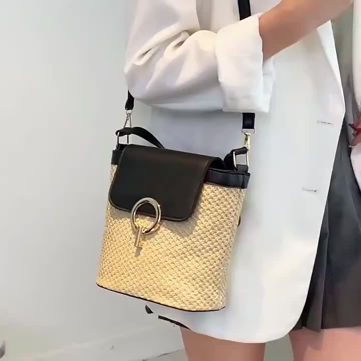 Women's Lightweight Straw-Textured Handbag with Golden-Tone Ring Lock Closure - Adjustable Strap, Spacious Interior Pocket, Spring Summer Beach Tote