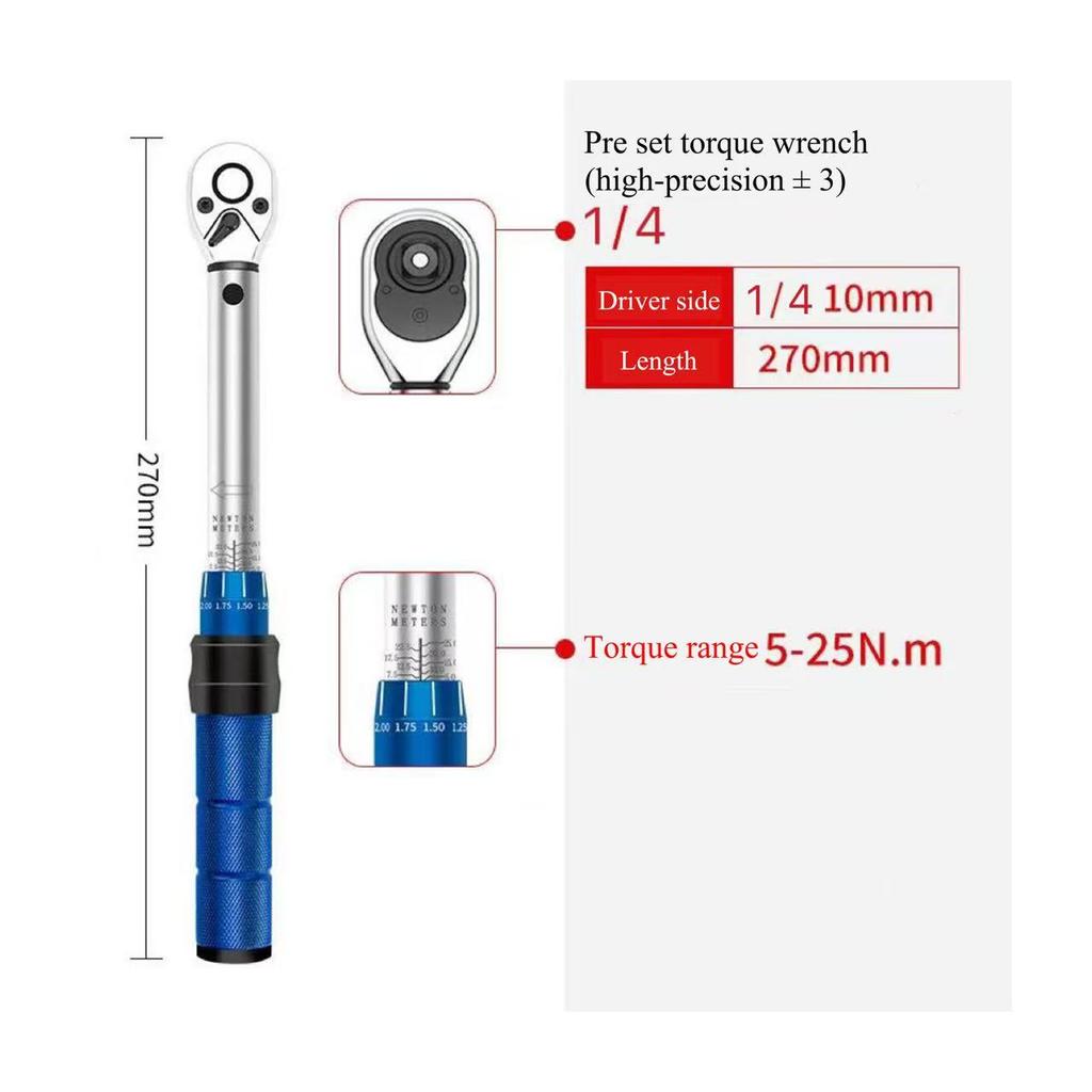 1/4" 3/8" 1/2" Drive Adjustable Torque Wrench 5-210Nm Preset Spark Plug Tool with Swivel Head for Car Bike Repair