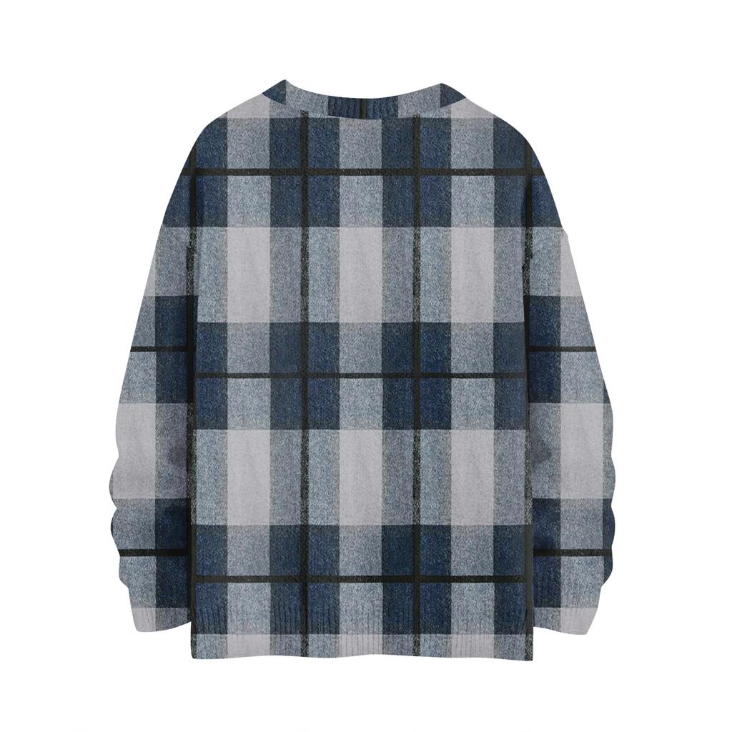 Women's Fashionable Casual Long-sleeved Checkered Printed Round-neck Sweater Knitted Top