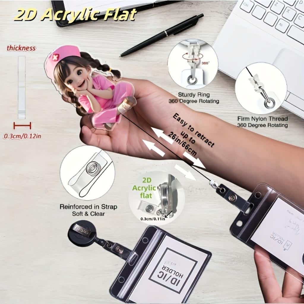 2D Flat Acrylic Pink Nurse Girl Retractable Badge Reel, Medical ID Tag Holder For Medical Students And Professional Nurse Practitioners Workplace