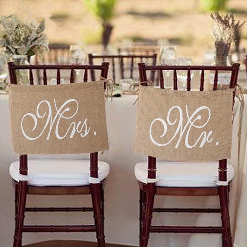 1 Set aus 2 Jute-Schleifen Mr. & Frau Jute Stuhl Banner Set Stuhl Schild Girlande Rustikale Hochzeitsfeier