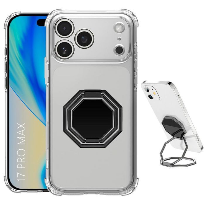 Coque de Téléphone - BOOLING - pour iPhone 17 Pro Max - Transparent avec Support Octogonal Noir Réglable