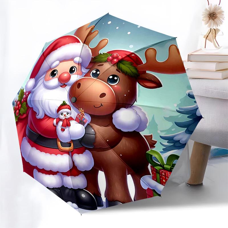 

1pc Christmas Santa Claus Reindeer Automatic Opening Folding Umbrella with Holly Berries Design, Portable 3-Fold Outdoor for Fans, Travelers, Daily Us