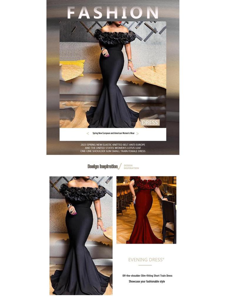 2025 Off-Shoulder Slim-Fit Ruffle Knit Dress with Small Train, European and American Style