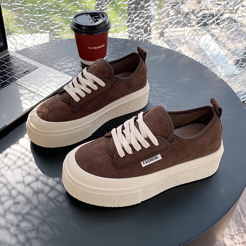 2025 Spring New Sports Women's Shoes Fashion Low Top Thick Bottom Casual Board Shoes Suede Round Head Strap Flat Shoes