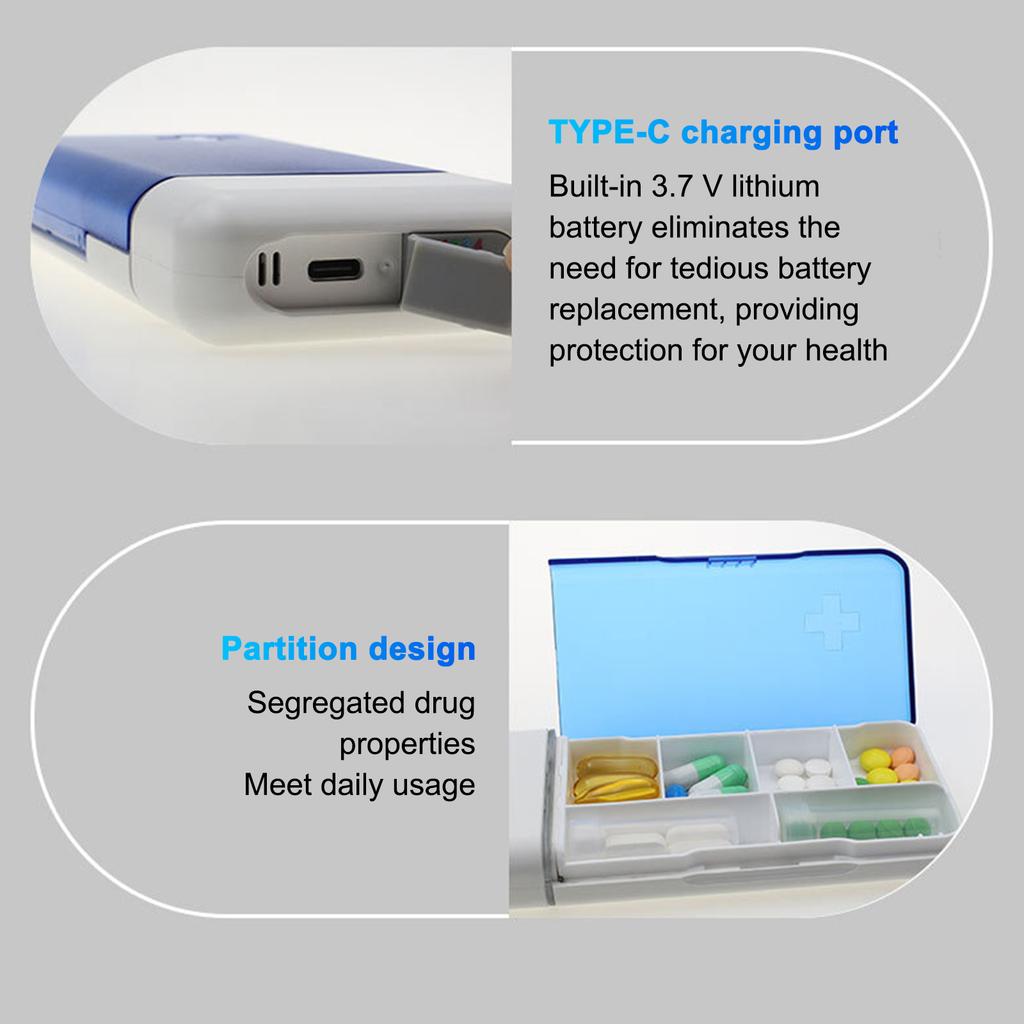 Portable Mini Pill Box with Timer Reminders 6 Compartments Pill Organizer Smart Pill Dispenser with Timer Alarm