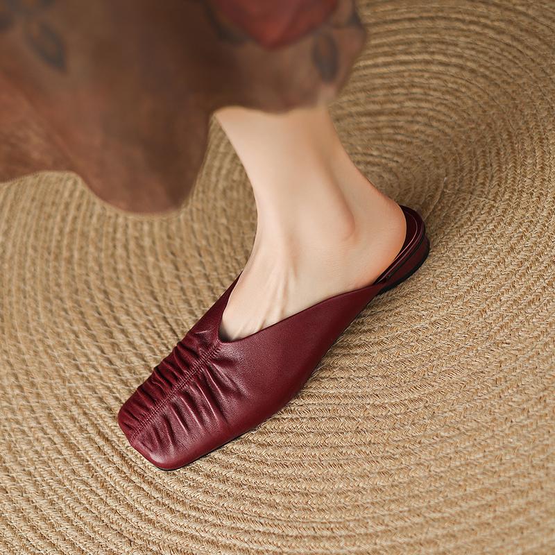 Fashion Muller Slippers Women Pumps Square Toe Genuine Leather Slippers Spring Summer Concise Casual Working Shoes Woman Ladies Shoes
