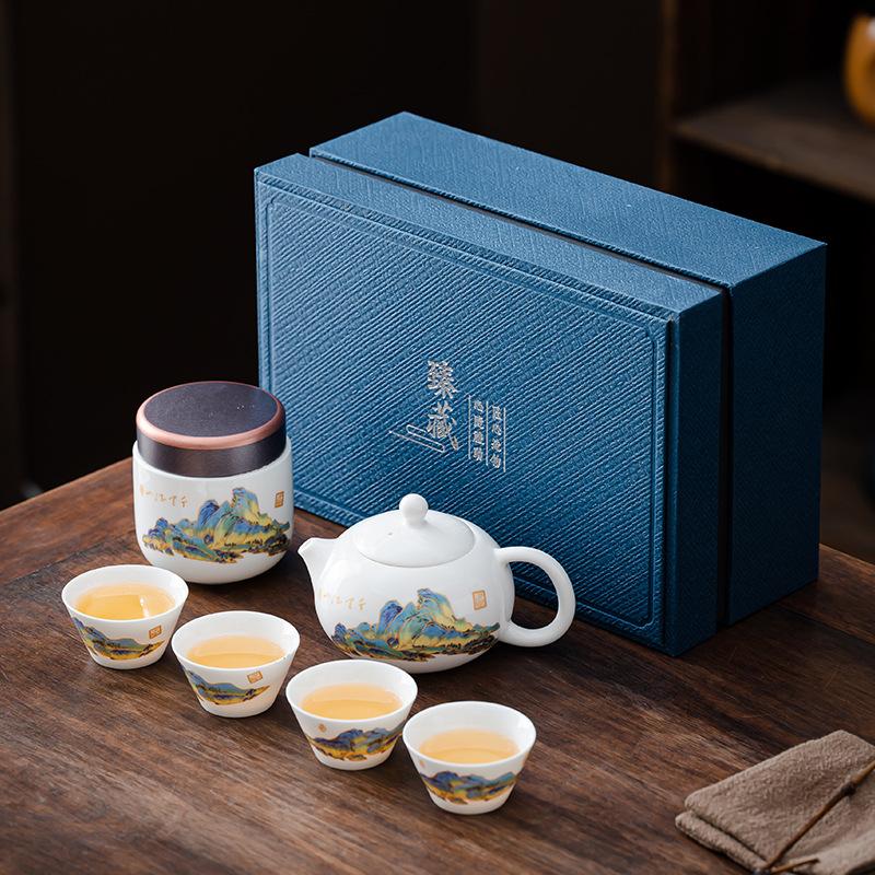 White porcelain tea set, suet jade Xishi pot, kung fu tea set, high-end gift box, business companion gift for customers