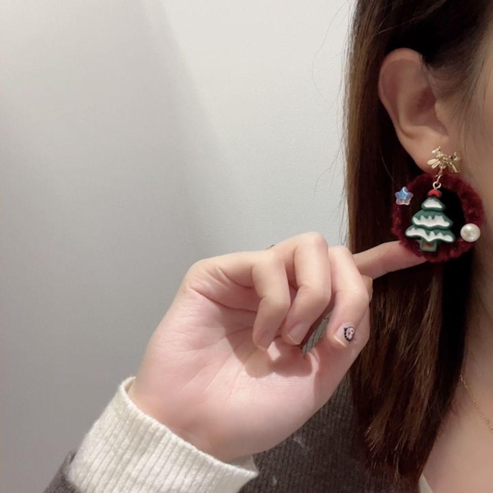 Bowknot Mistletoe Christmas Earrings Retro Heart Ear Studs Fashion Plush Xmas Pendant  Girls