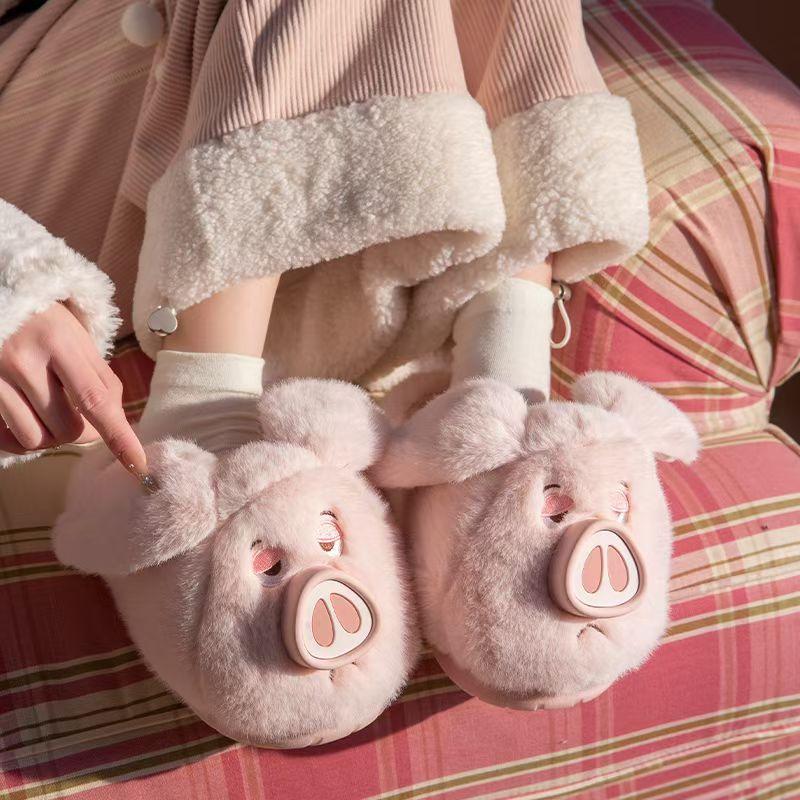Cotton Slippers Women's Winter Wear Cute Pink Pig Ins Girl Heart Thick Bottom Home Plush Warm and Non-slip