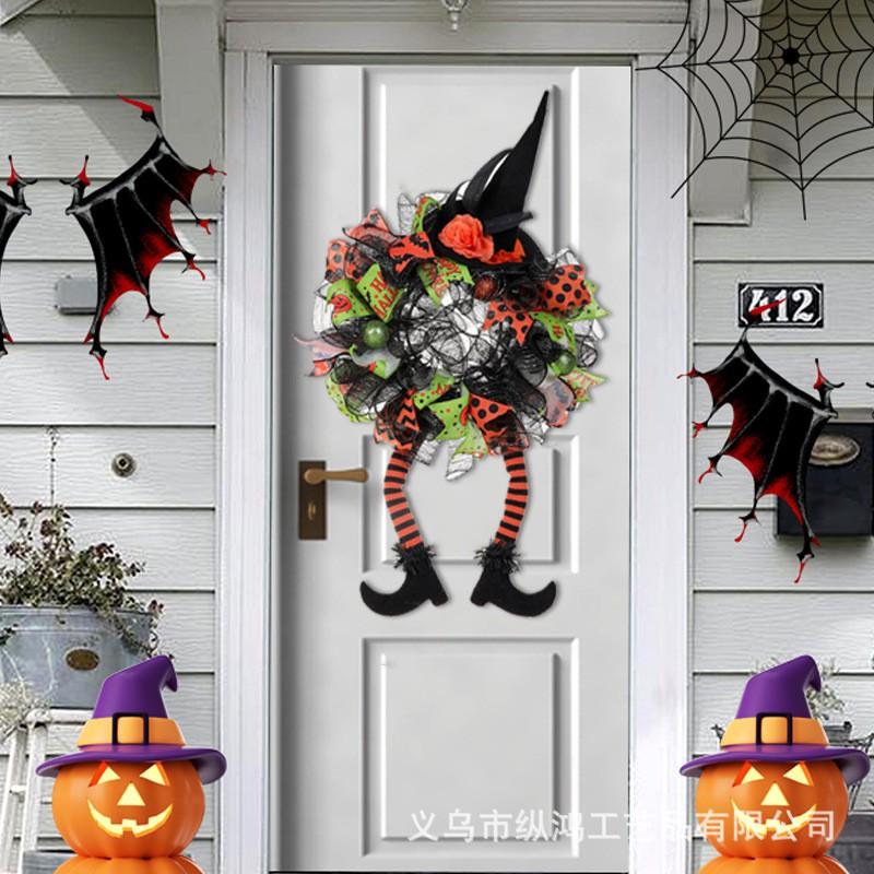 Halloween Door Wreath Decor With Striped Witch Legs Hanging Garland Party Home Decoration