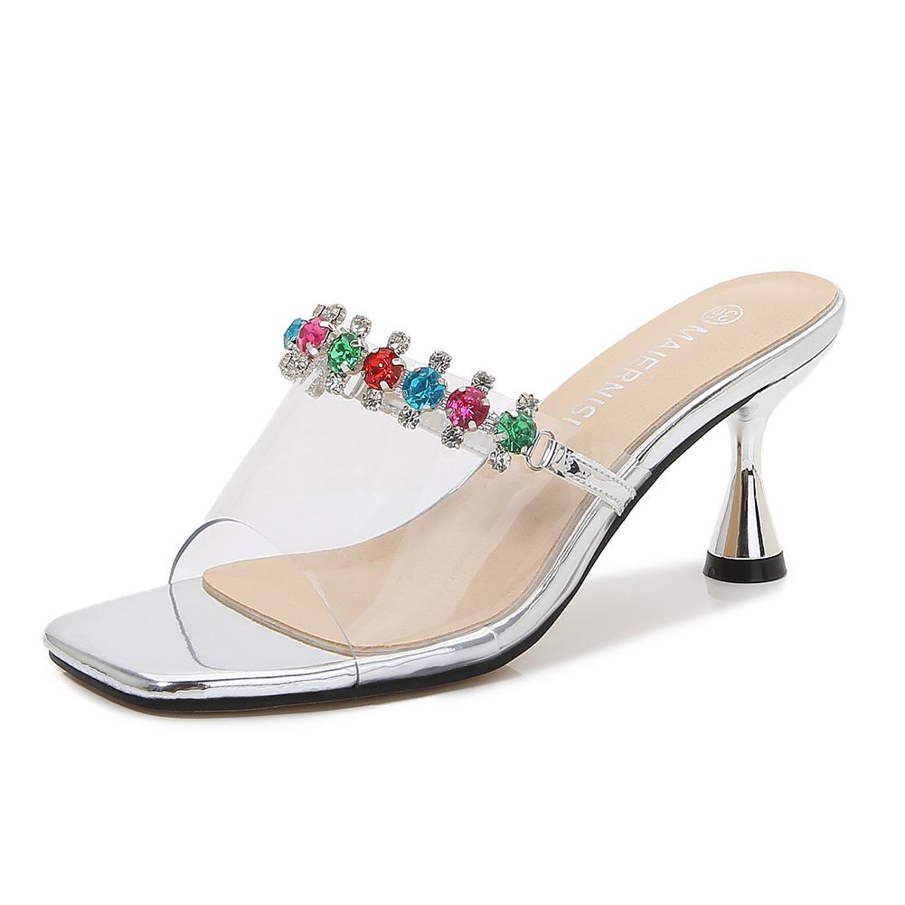 

New cool slippers women s fish mouth colored diamonds decorative temperament lady daily leisure shopping versatile wear high-heeled sandals 46 срібний