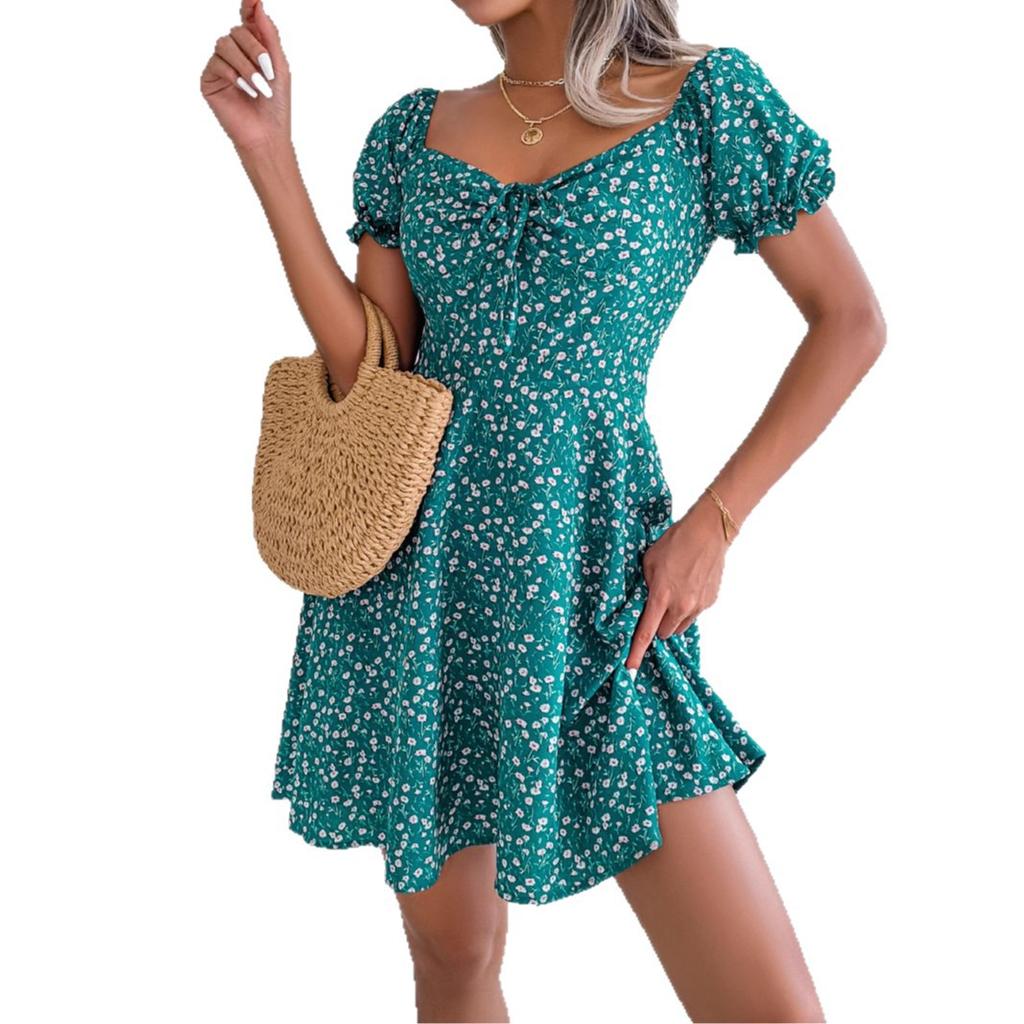 Casual Floral Print High Waist Square Neck Flared Sleeve Midi A Line Dress For Women