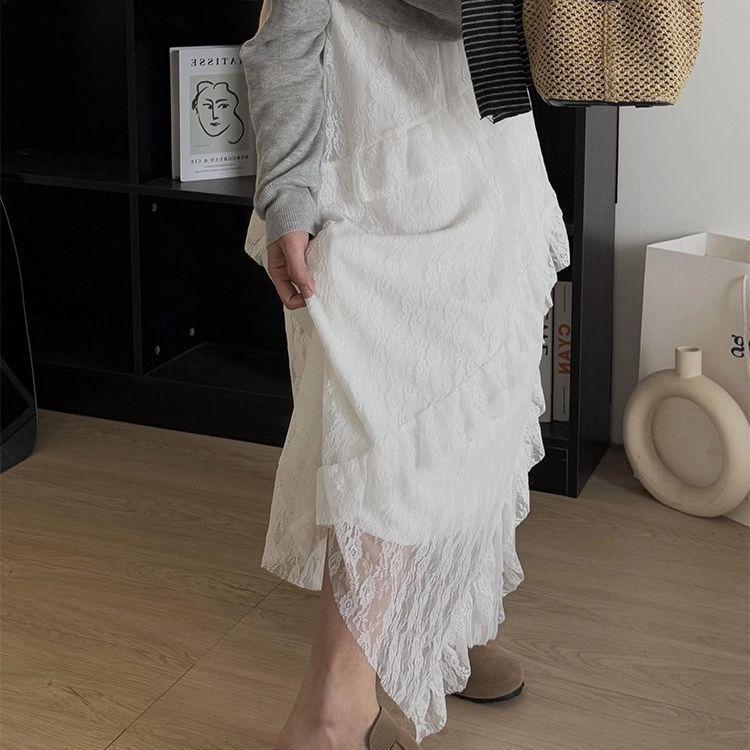 Koreansk Stil Asymmetrisk Spets Midi-kjol för Kvinnor - Sommar Tunn Design A-linje Utsvängd Lager-på-lager Tårta-kjol