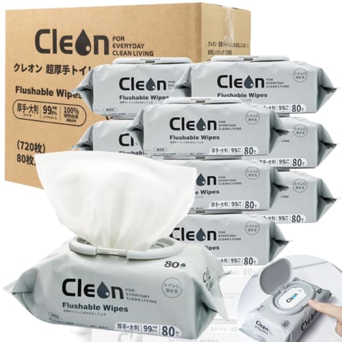 

Cleon Extra Thick Flushable Wet Wipes, 80 Sheets x 9 Packs, Large, One-Push Operation with Lid, 99.9% Sanitizing, Gentle on Skin, Biodegradable, Careg