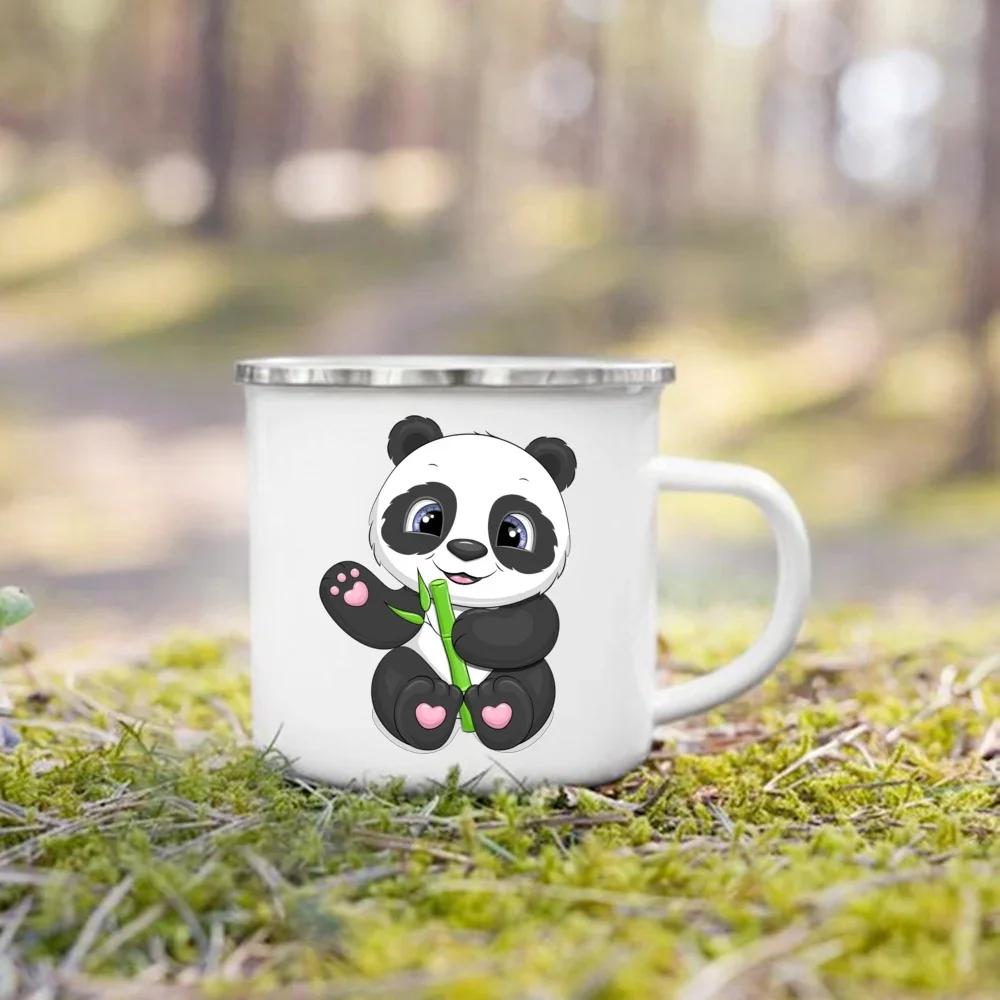 

Panda Printed Camper Mugs Camping Enamel Mug Summer Capming Party Beer Juice Cup Cute Handle Cups Best Gifts for Friend Children 360ml