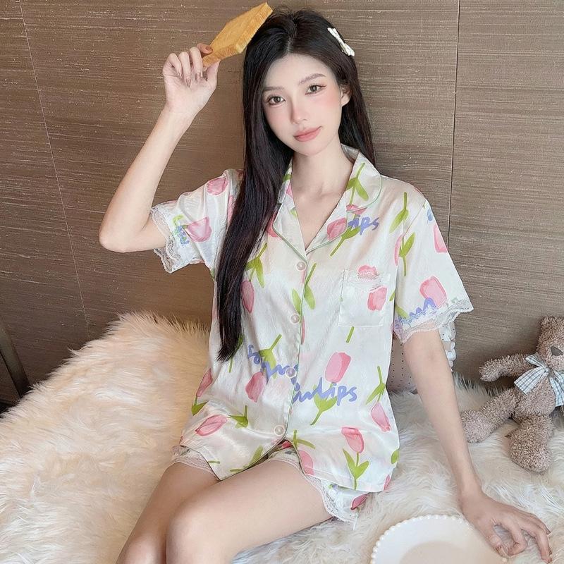 Ice Silk Summer Pajamas Girl Tulip Short-Sleeved Shorts Pure Lust Lace Loungewear Can Be Worn Outside