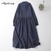 Mori Girl Spring Autumn Women Shirt Dress Turn-Down Collar Polka Dot Loose Dress Navy Blue Vintage Elegant Chic Dress