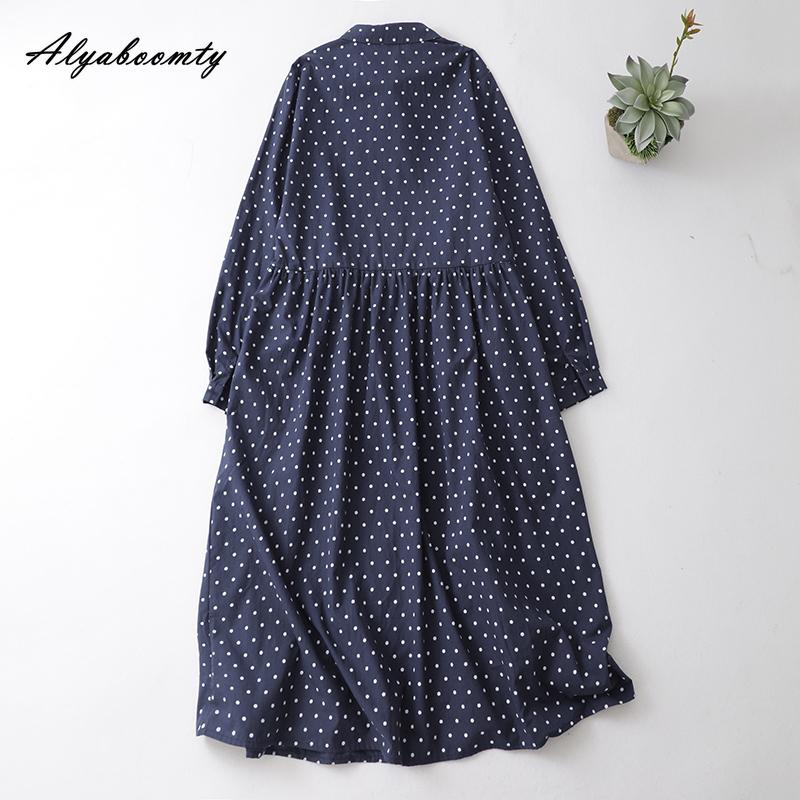 Mori Girl Spring Autumn Women Shirt Dress Turn-Down Collar Polka Dot Loose Dress Navy Blue Vintage Elegant Chic Dress