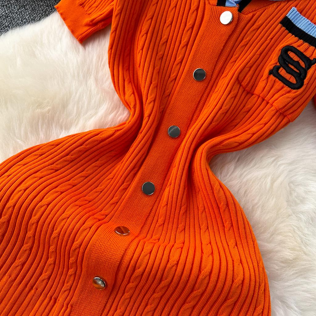 Summer Women Elegant V-neck Designer Embroidery Letter Knitted Sweater Single Breasted Long Midi Dresses