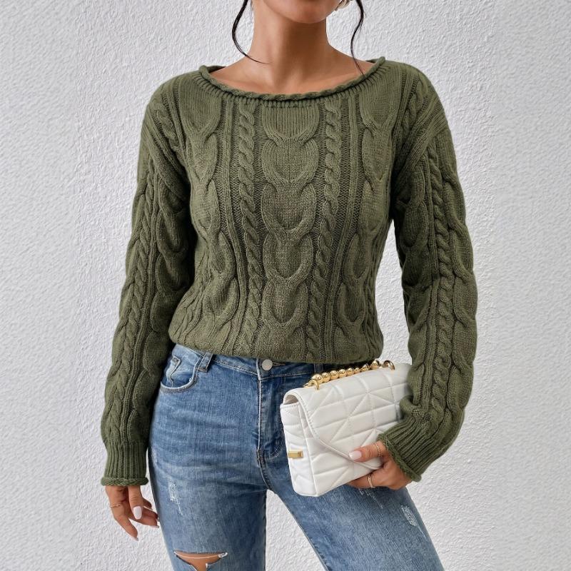 Women Casual Loose Off Shoulder Long Sleeve Cable Knit Pullover Sweater