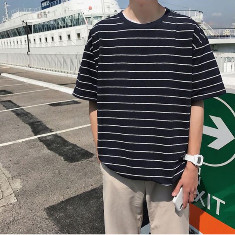 WTEMPO Brand Summer Men's Striped Short Sleeve Top Loose and Simple Fashion Short Sleeve T-shirt Youth Trend Round Neck Pullover Tops