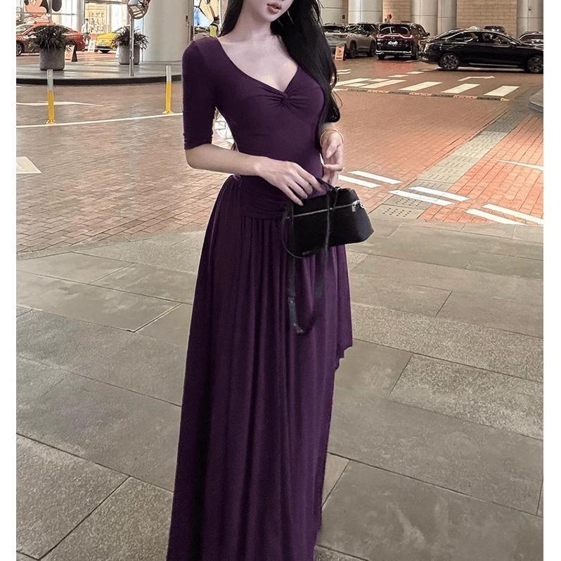 Elegant Gray Vneck Long Dress With High Waist For Autumn Womens Casual Wear