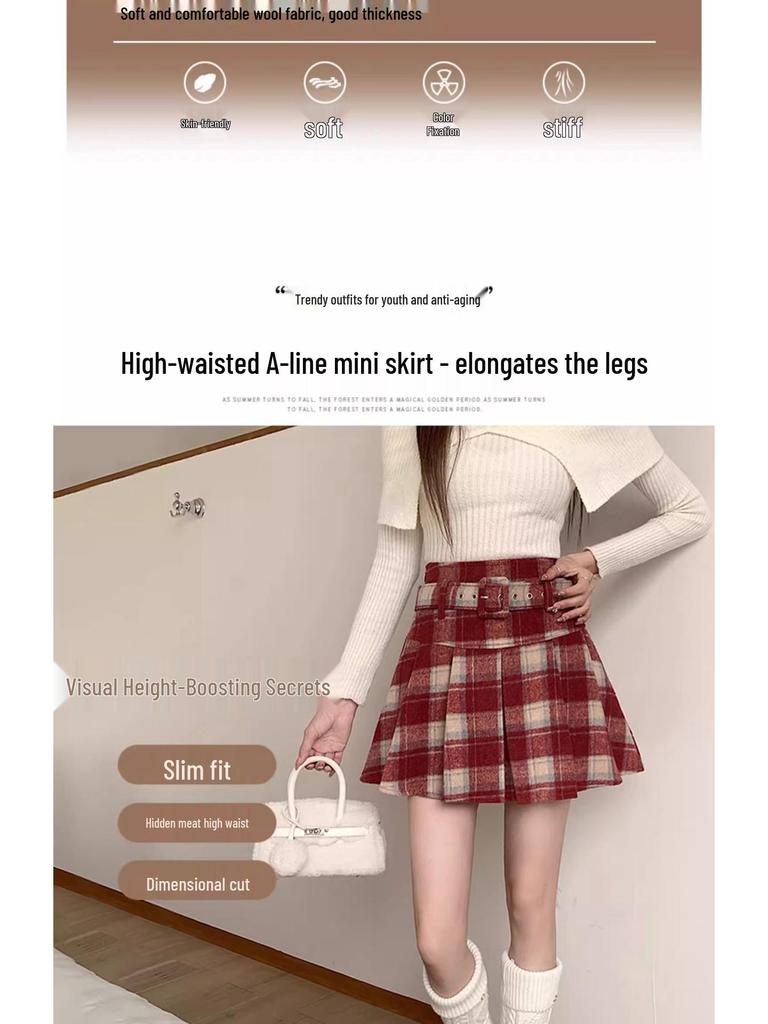 Plus Size Woolen Plaid Pleated Skirt for Women - Retro Red Short Skirt for Chubby Girls, Perfect for Autumn and Winter