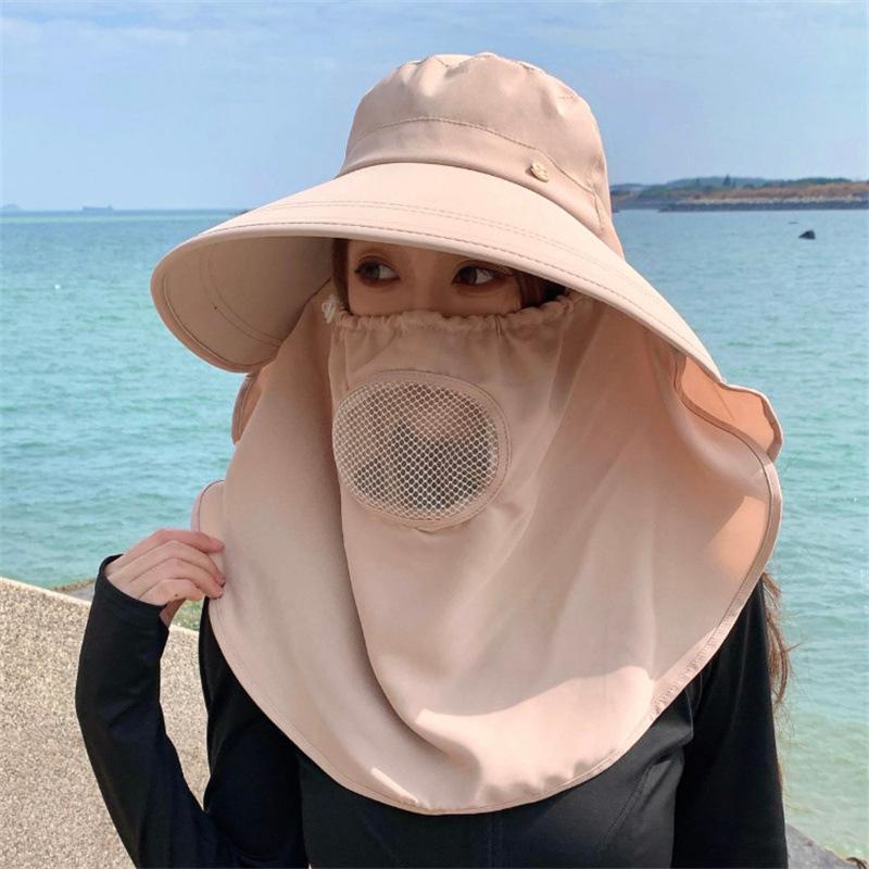 Summer Sun Protection Tea Picking Hat Men and Women Outdoor Shawl Large Brim Bucket Hat Exposed Ponytail UV Protection Sun Hat