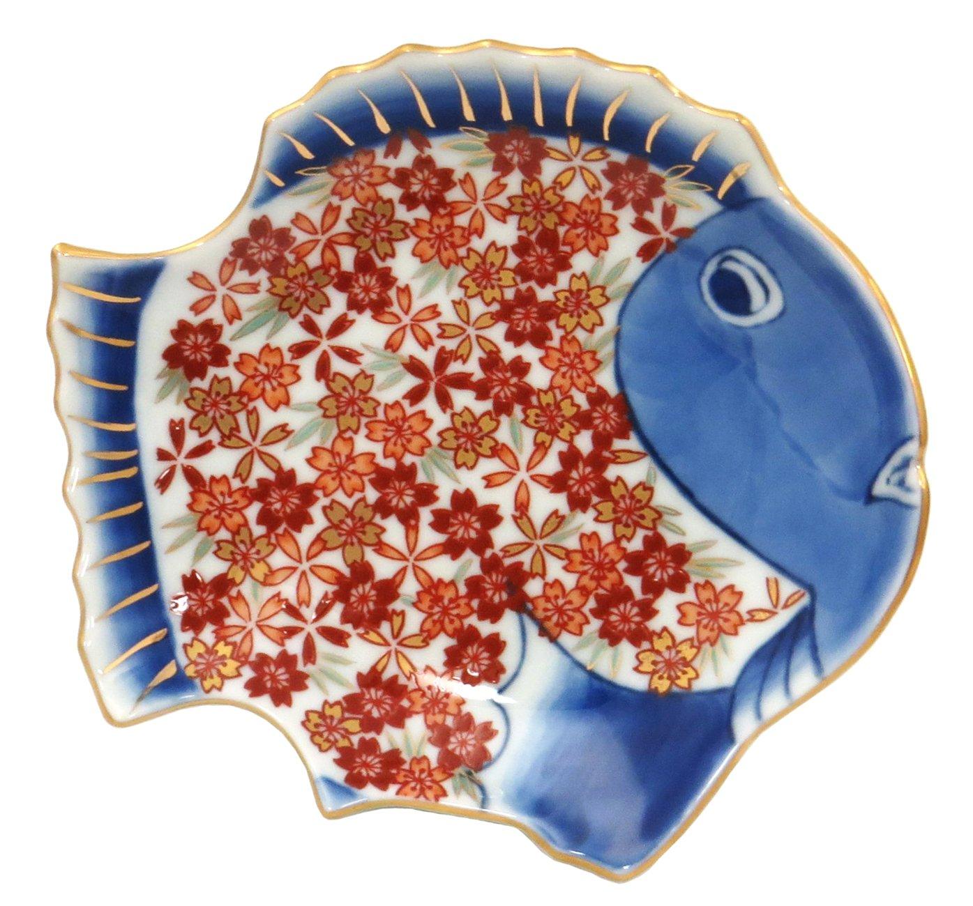 Ishimaru Pottery, Hasami Ware, Hayashi Kuro Kiln, Splendid Old Imari Style, Sea Bream Shaped Small Plate, Cherry Blossom Design, 009070-550 Gold
