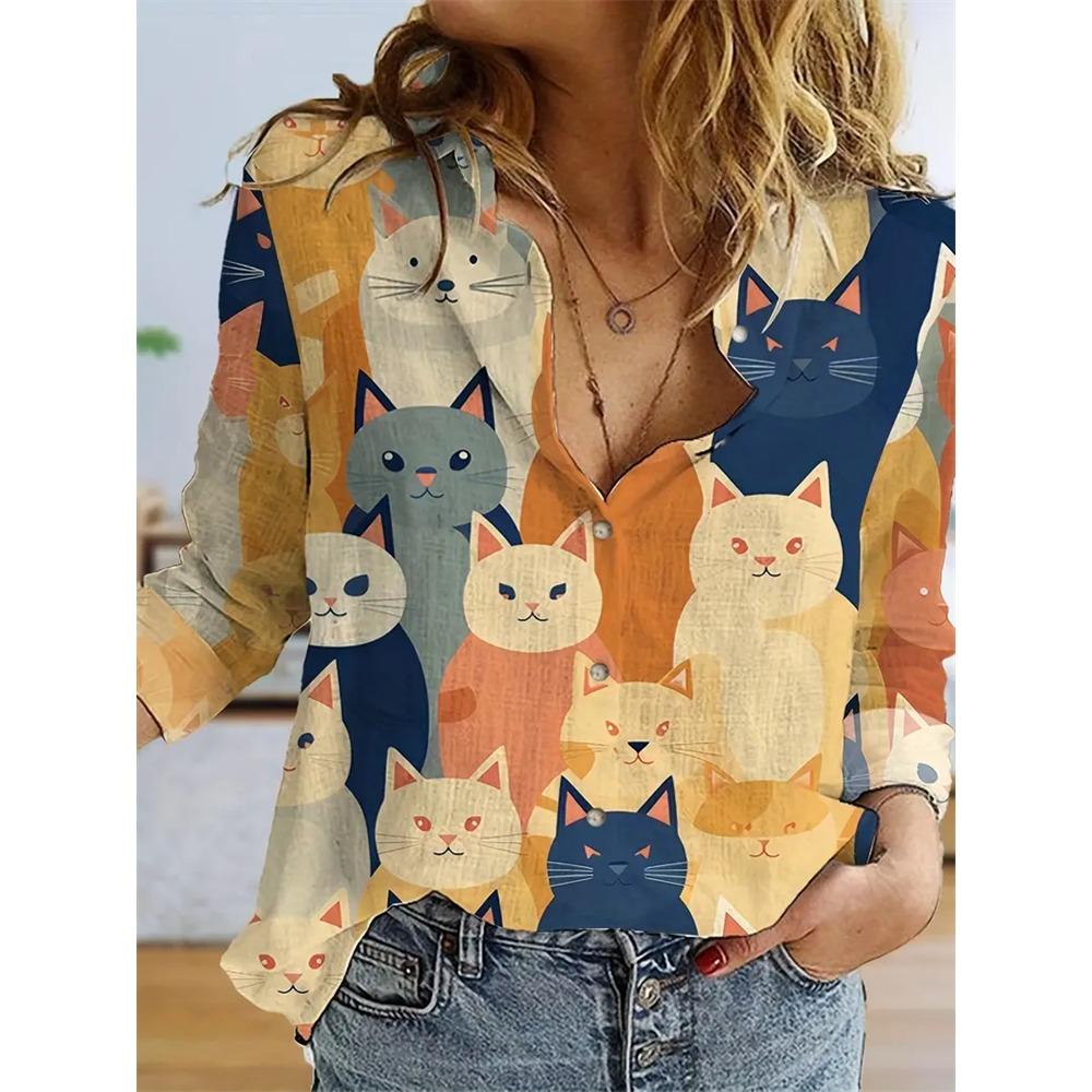 Fashion Flower Cute Cat Pattern 3D Print Women's Long Sleeves Shirt Autumn Animal Women's Holiday Shirt Women's Clothing