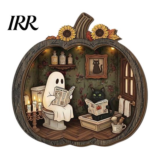 Autumn Pumpkin Table Decor Halloween Ghost Wooden Tabletop Ornament, 2D Flat Cute Reading Bathing Fall Harvest Home Decoration Watering Plaque